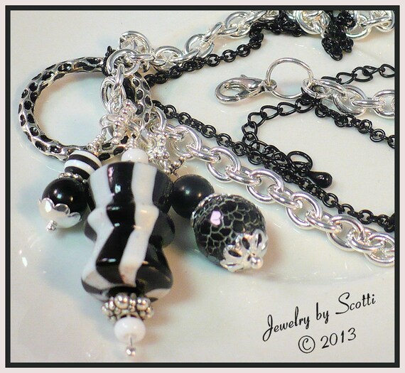 Black White Necklace // Gemstone Agate Silver Chain // "Silver and Stripes" // SRAJD