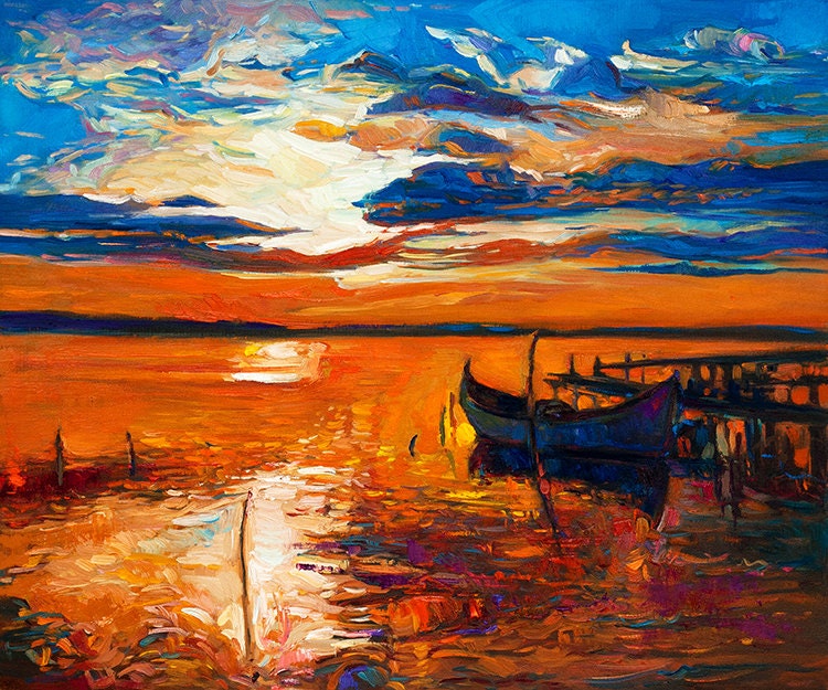 Original Oil Seascape Painting on Canvas-Sunset and boat 22x18