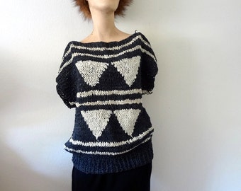 1980s Leather Knit Top / bateau neck geometric crochet sweater / vintage fashion