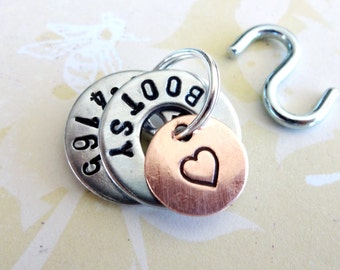 Small Dog Tag - Small Cat Tag - personalized ID Tag - Hand Stamped Washers and Copper Disc with phone number, name and heart