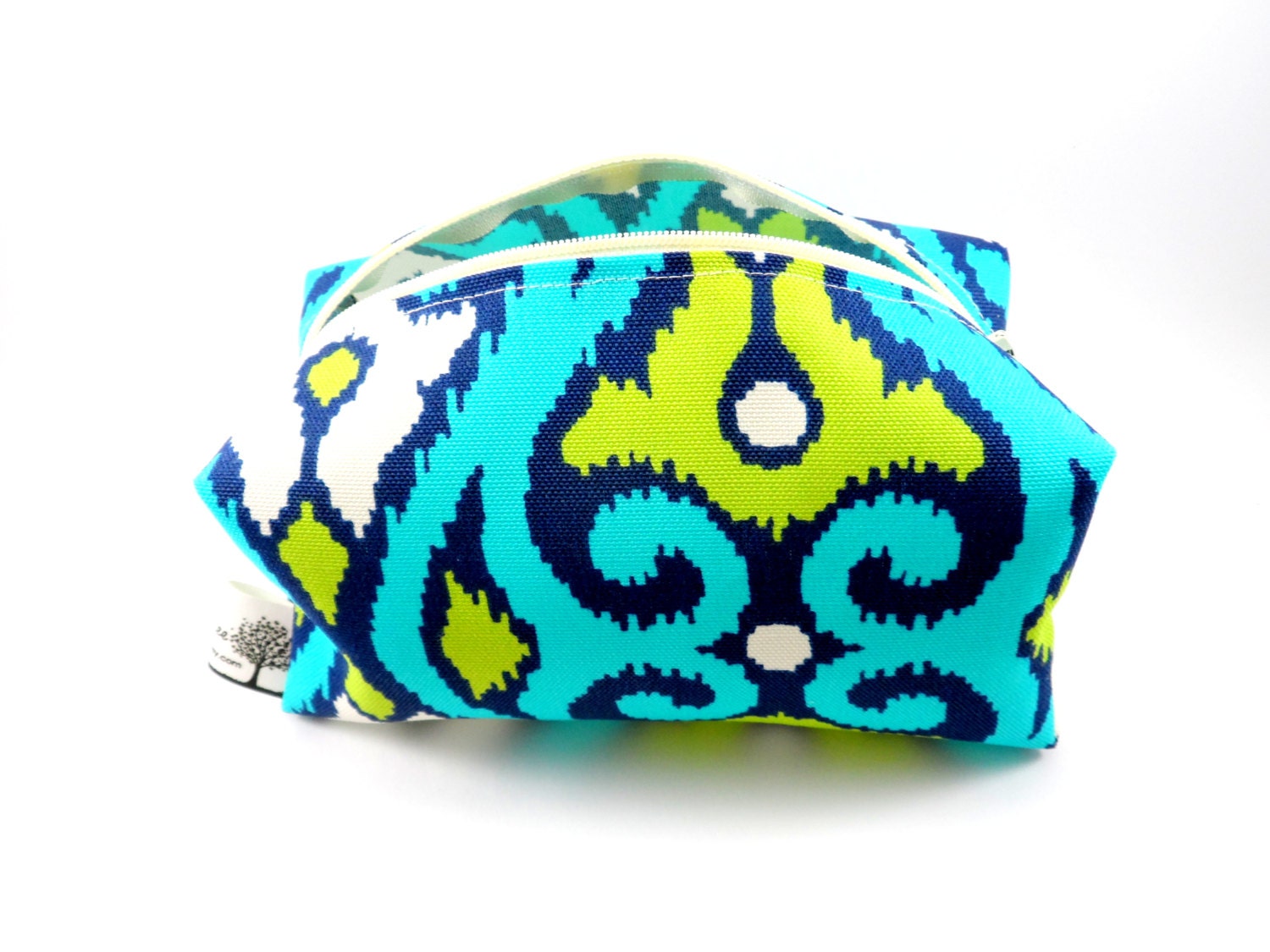 Aqua and Lime Green Ikat Makeup Bag Zipper washable