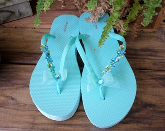 Turquoise flip flops, wedding sandals, beach wedding flip flops