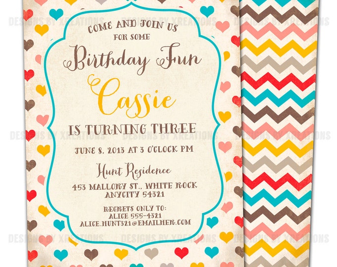 Rustic Vintage Shabby Chic Hearts and Chevron Invitation - Customizable Wordings - Wedding - Bridal Shower - Baby Shower - Birthdays