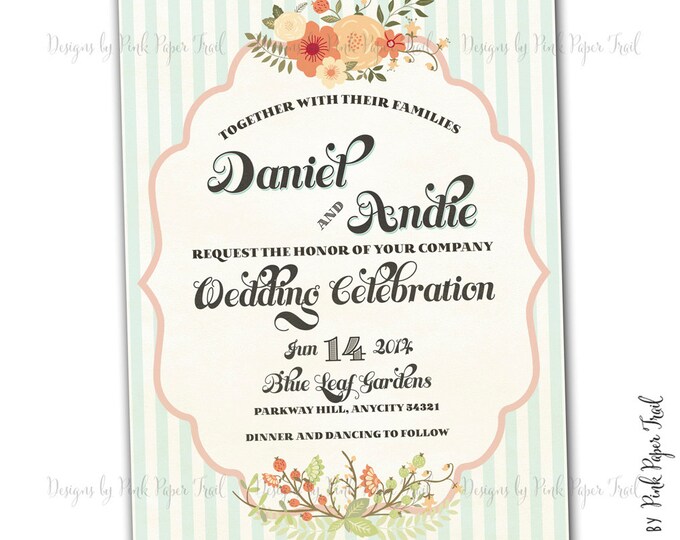 Rustic Vintage Shabby Chic Floral Wreath Invitation - Customizable Wordings - Printable - Wedding - Bridal Shower - Baby Shower - Birthdays