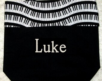 PIANO MUSIC lesson book tote bag personalized black canvas wavy keyboard musician just for boys guys kids birthday recital teacher gift idea