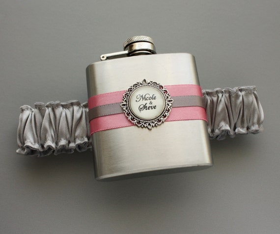 Personalized FLASK GARTER -  Gray and Pink (Other Colors Available) - Bridal Wedding Garter with Flask - Gift for Her