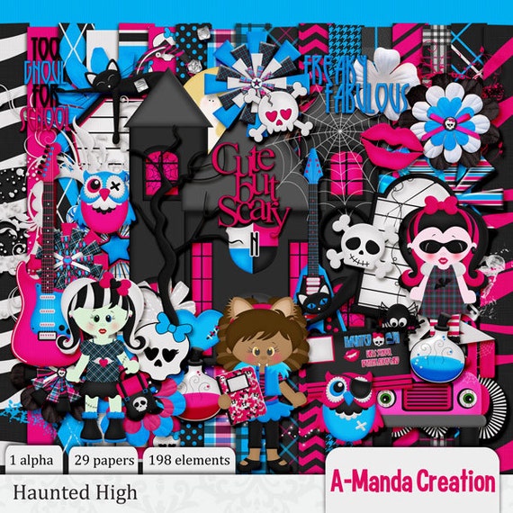 Haunted High Monster Themed Digital Scrapbooking Kit includes 1 alpha, 29 papers and 197 elements Il_570xn