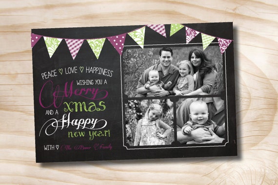 CHRISTMAS PHOTO CARD Chalkboard Blackboard Flags Custom Christmas Holiday Photo Digital Card- diy, you print, printable Il_570xn