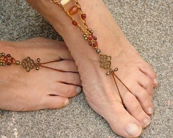 Barefoot sandals macrame beaded gemstone orange red hippie shoes beach ...