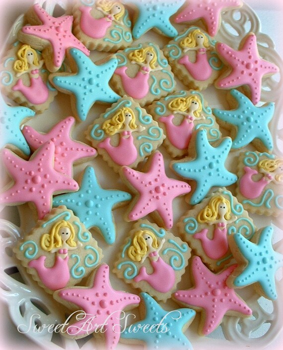 Mermaid and starfish cookies - 2 dozen SMALL cookies - decorated cookie favors