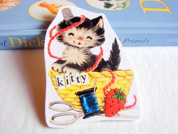 Sewing Brooch Ornament Or Magnet  Kitten In A by mimiandlucy