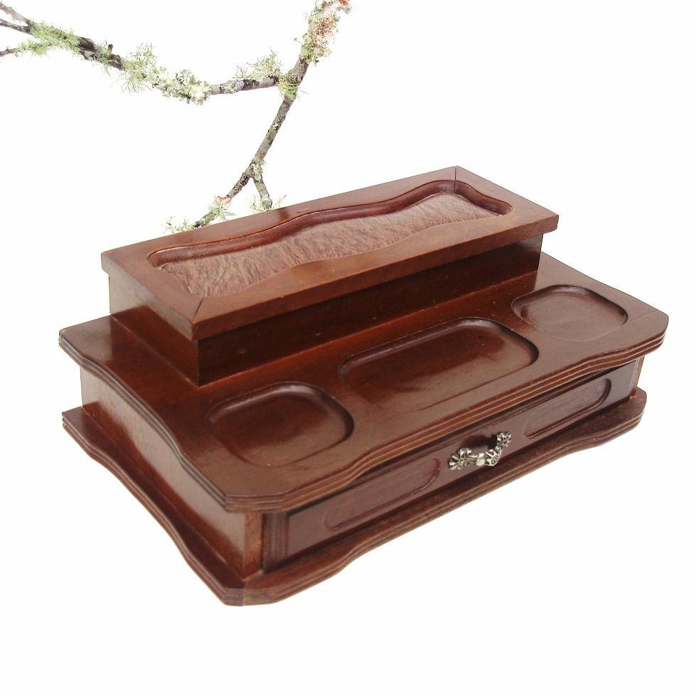 Mens Valet Stand Dresser Tray Wood Caddy Jewelry Organizer