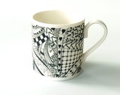 Black and white mug zentangle doodle bone china coffee tea
