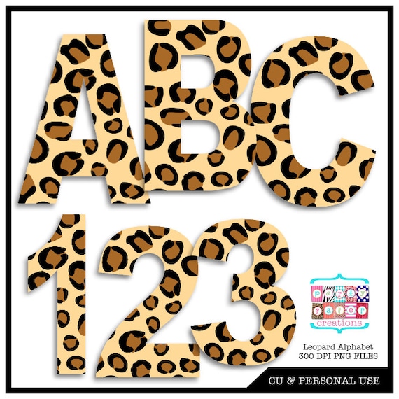 leopard animal print digital alphabet and number clipart instant