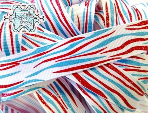 Capri blue & red glitter zebra on white 7/8" grosgrain ribbon- coordinates with mermaid collection Il_570xn
