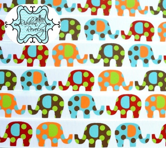 Mod Jungle adorable red, blue, brown & orange silly dot "boy" elephants on 7/8" white grosgrain ribbon Il_570xn