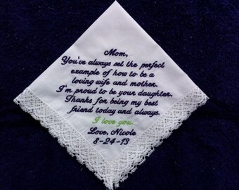 Mother of the Bride Handkerchief --Corner design with Wedding date, White with Crochet Border