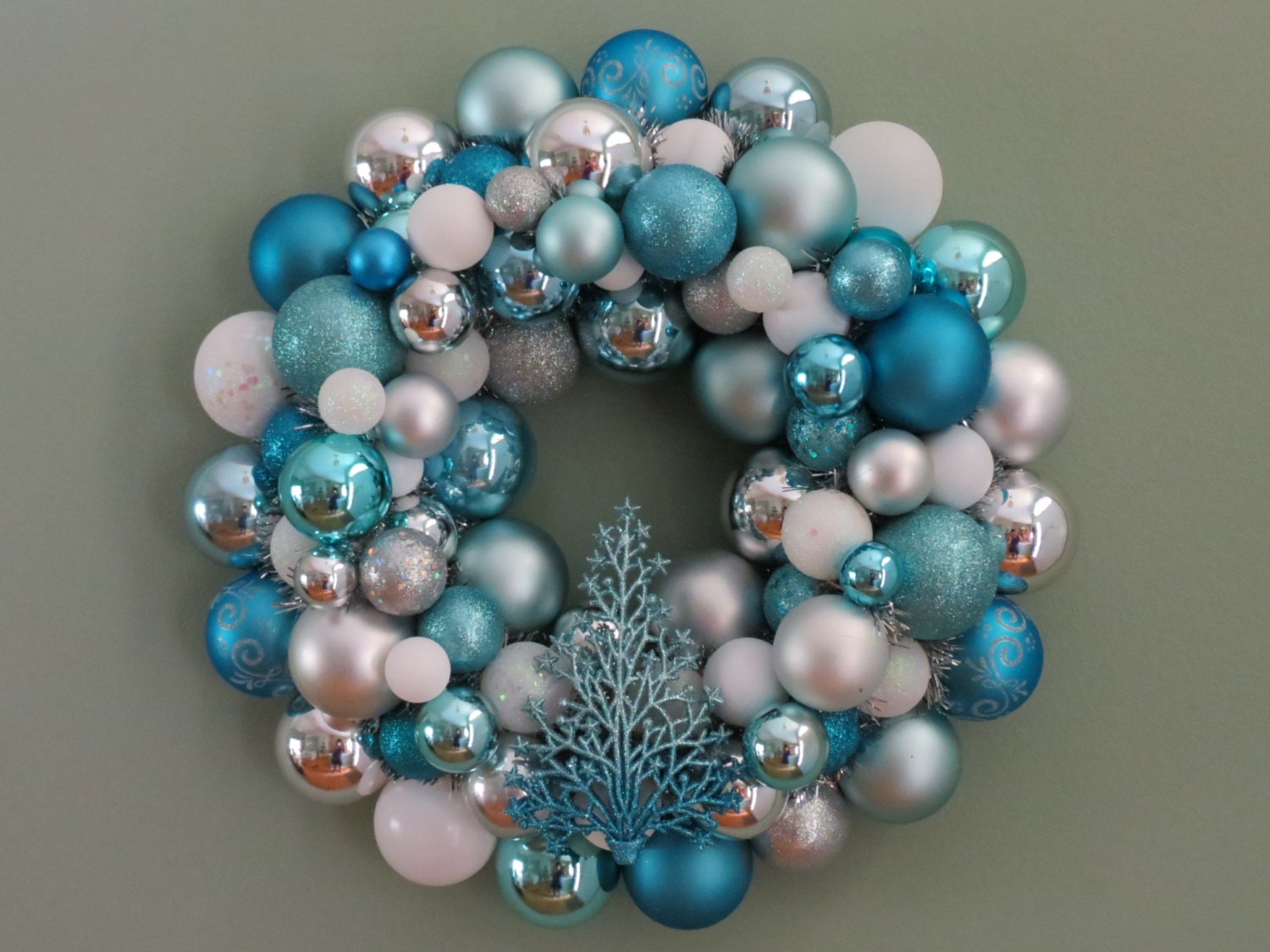 CHRISTMAS Wreath AQUA Ornament Wreath WHITE Blue and Silver