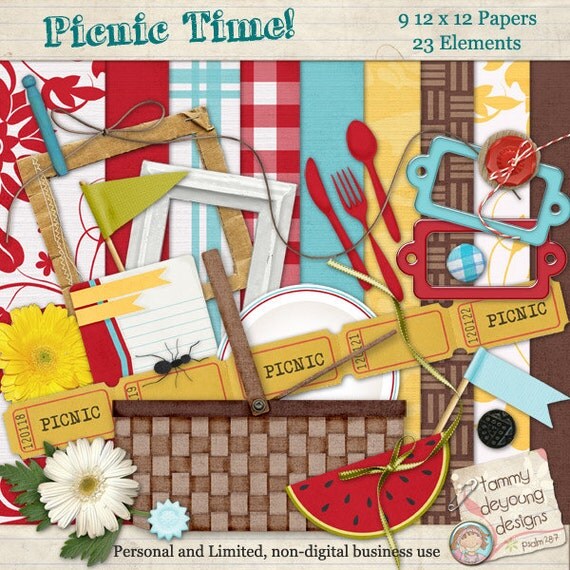 Picnic Digital Paper Scrapbook Kit picnic clipart and retro