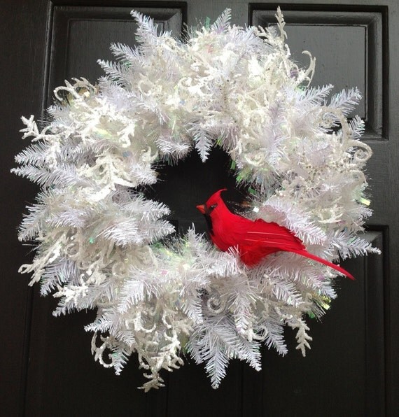 Winter White Christmas Wreath holiday wreath with Cardinal