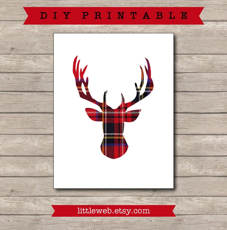 Red Plaid Christmas Printable Christmas Art Print Red Deer