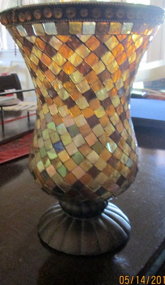 70s Stain Glass Mosaic Hurricane Candle Holder / Partylite