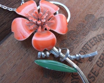 Orange flower and sculpted wire pendant statement necklace