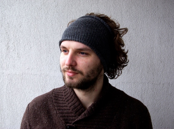 Knitted Mens Headband Guys knit hair wrap Dark GreyLight 