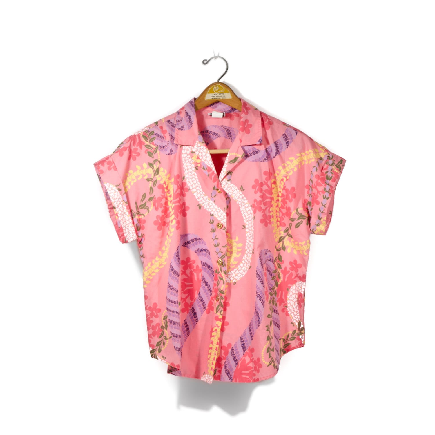 Women Hawaiian Shirt / Pink Floral Print / Short Sleeve Blouse