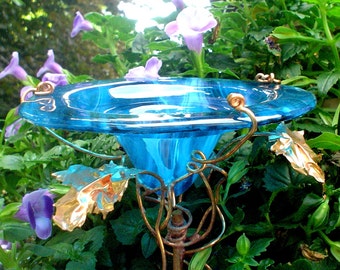 GARDENING, Butterfly Feeder, stained glass, Teal BLUE, copper, garden stake, Garden Art, Bird Feeder
