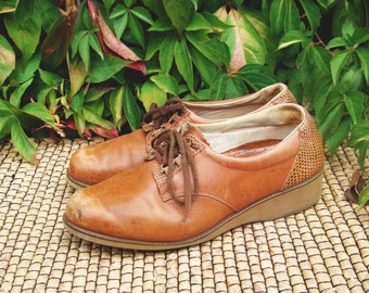 Vintage 80's Brown Leather Wedge Shoes flat shoes 8.5