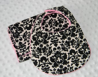 Boutique Handmade black Damask Bib and burp set