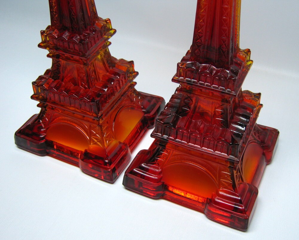 pair of glass EIFFEL TOWER candle holders red amberina antique