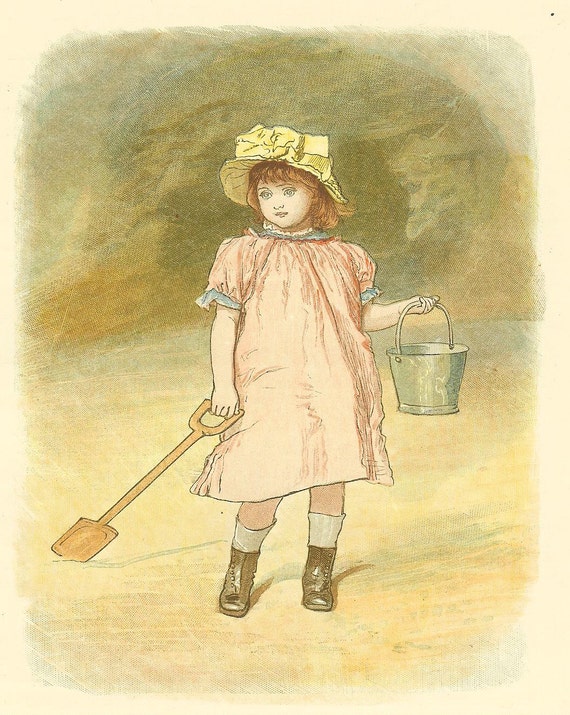 Antique 1889 Victorian Childrens Print Young Girl Pink Dress Walking On Beach At Seaside Carrying Bucket And Spade Engraving  Book Plate