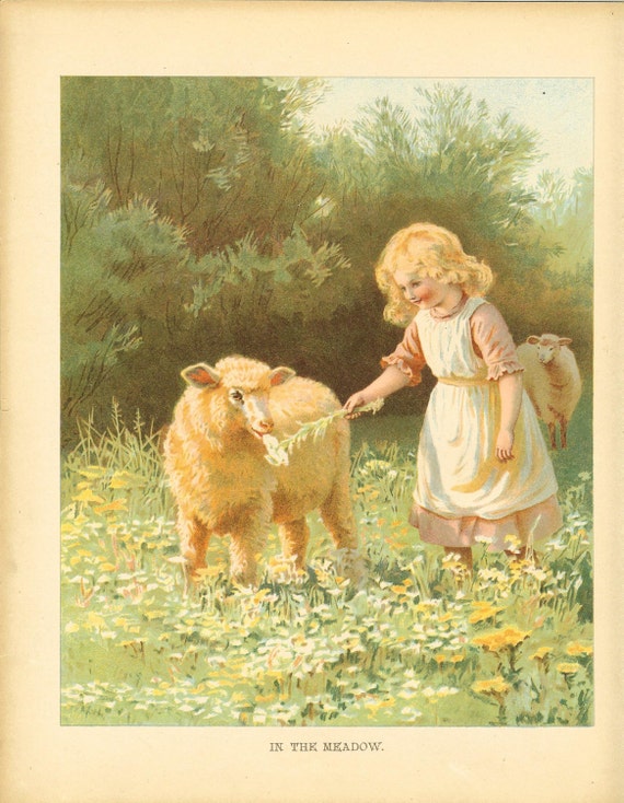 Edwardian 1900s Ernest Nister  Antique Childrens Print  Blonde Haired Girl Feeding Flower To A Lamb In Field Vintage Bookplate