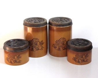 Vintage Brown Orange Canisters - Set of Four - fruit and vegetable design
