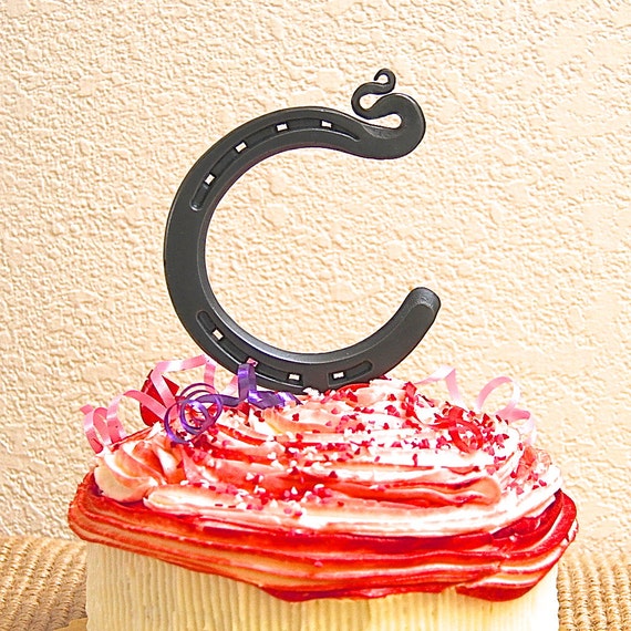 HORSESHOE Letter C, initial, cake topper, engraving available. MADE to ORDER