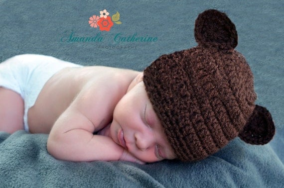 Newborn Baby Boy Crochet Hat, Chocolate Brown Baby Boy Hat, Newborn Boy Hat, Little Boy Hat, Baby Boy Hat, Baby Bear Hat, Chocolate Bear Hat