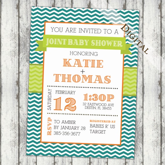 Joint Baby shower Invitation, couples shower, chevron turquoise orange ...