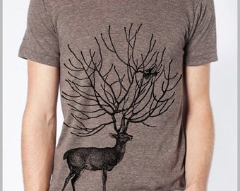 Men's Deer and Bird T Shirt Tee American Apparel Tshirt XS, S, M, L, XL 9 COLORS nature Gift for him