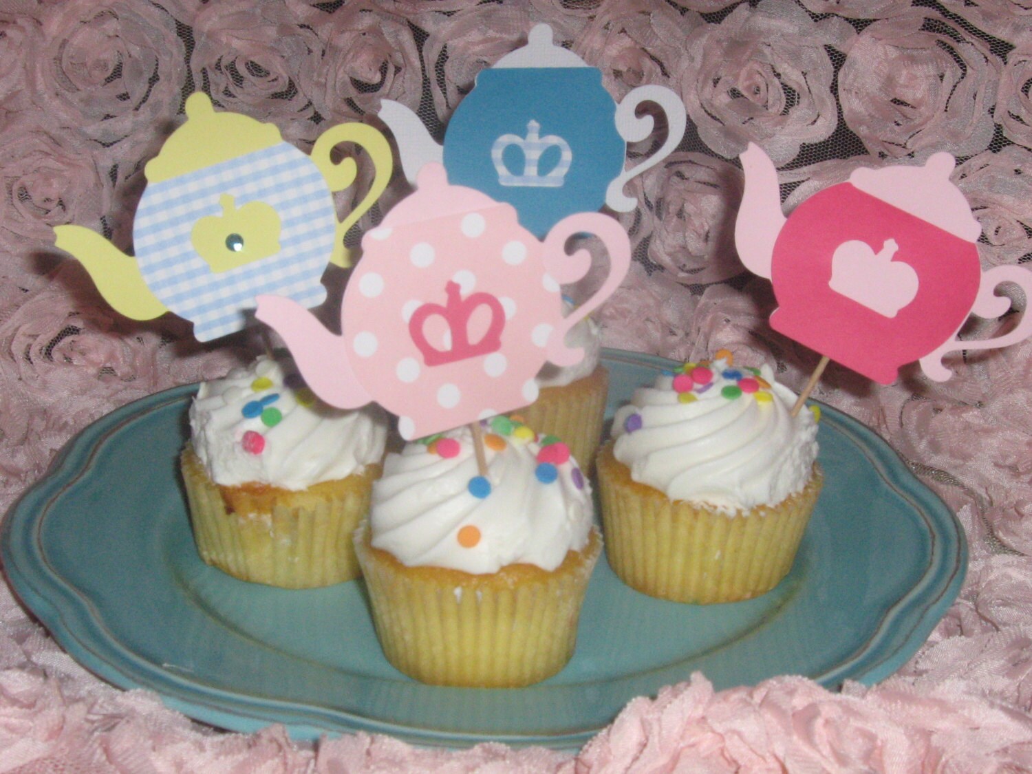 Tea Party shabby chic tea pot cupcake toppers birthday