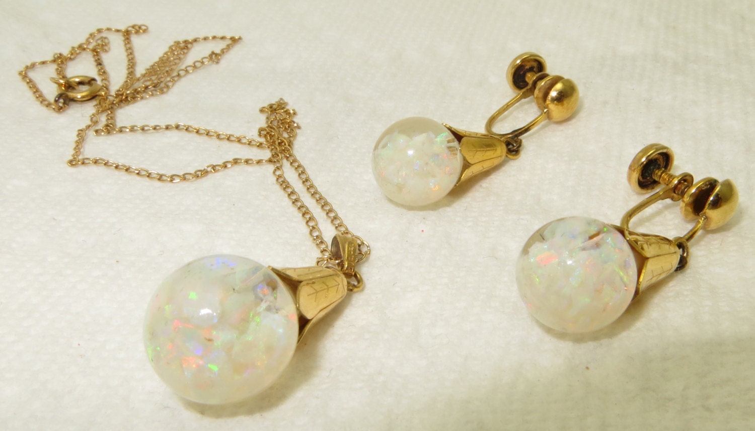 Vintage Floating Opals Necklace Earrings Set 12K Gold Filled