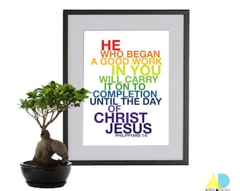 Philippians 1:6. Carry to Completion. Rainbow Version. 8x10in. DIY. Printable Christian Poster. Bible Verse. Amen Designs.