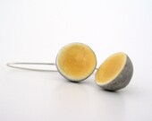 Yellow mustard and grey small clay dome earrings, rustic eco friendly minimal geometric modern air dry clay earrings autumn, sterling silver