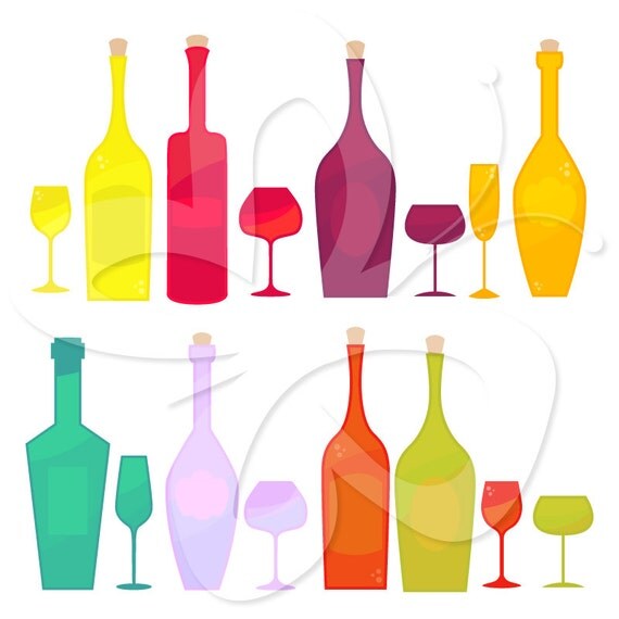 Wine Bottles and Glasses Digital Clip Art by CollectiveCreation