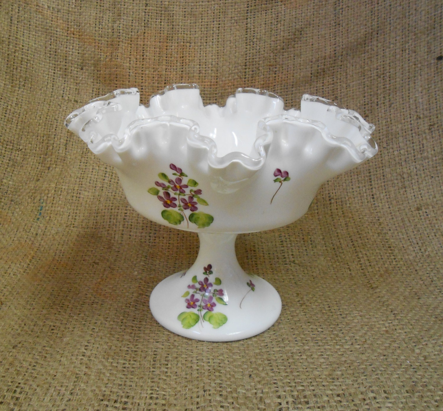 Vintage Fenton White Milk Glass Compote Violets by thebombshelter1