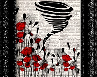 Sale - Wizard Of Oz The Tornado Poppy Field - Frank Baum - Dictionary Print Art Upcycled Vintage Book Artupcycled book print