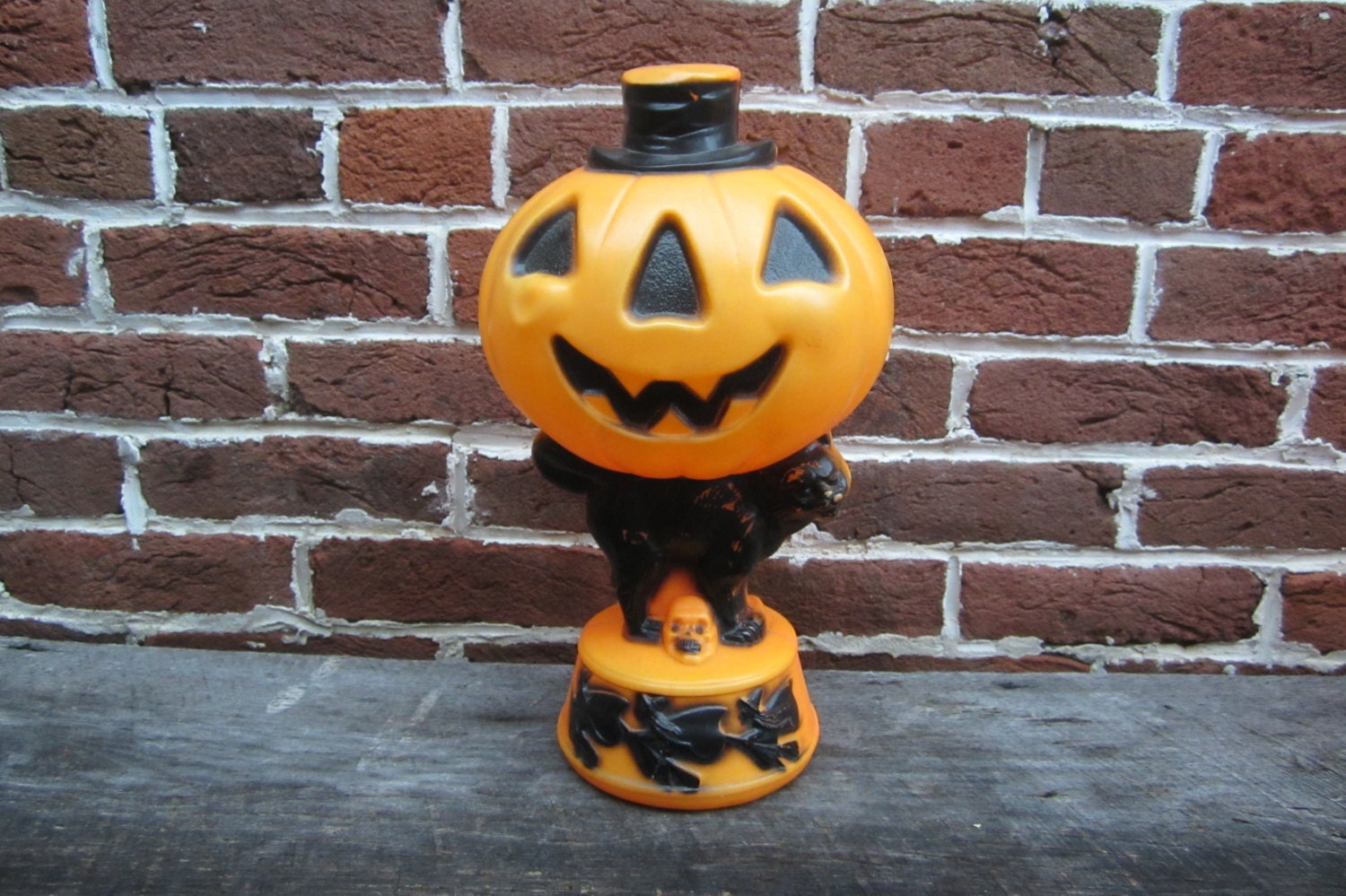 Vintage Plastic Blow Mold Halloween Pumpkin Witch and Black