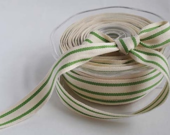 Cotton natural and green stripe ribbon, 1m (1.1yard)