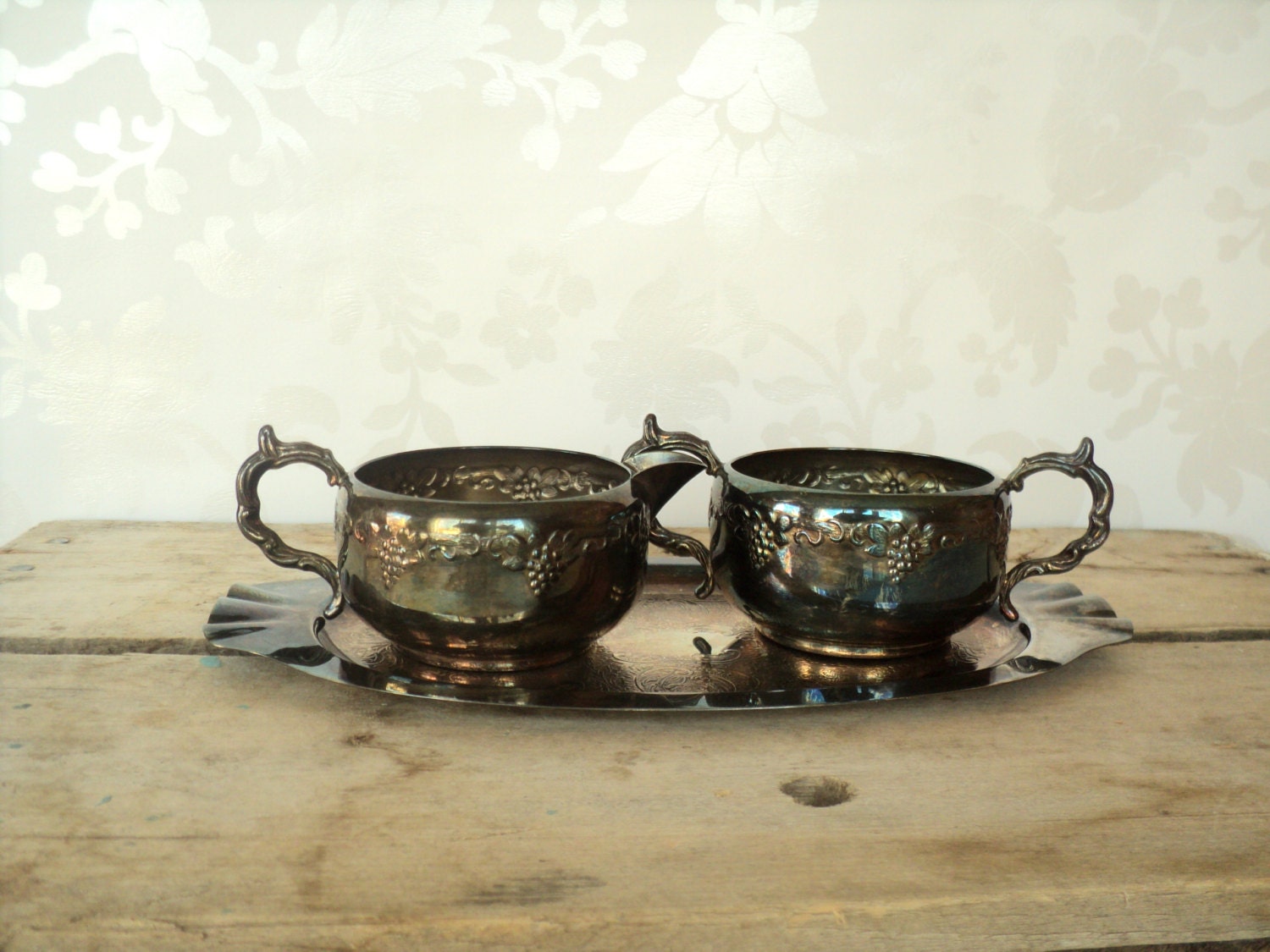 Tarnished Antique Silver Cream And Sugar Bowl With Tray Silverplated